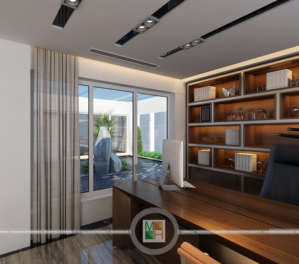 Ý tưởng thiết kế phòng giám đốc với kệ trang trí và đèn cây làm việc Ý tưởng thiết kế phòng giám đốc với kệ trang trí và đèn cây làm việc