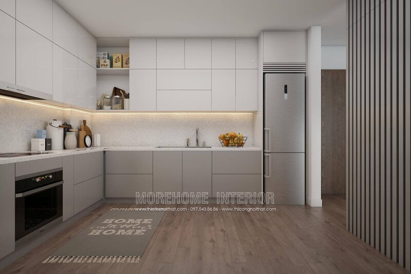Hệ thống tủ bếp trên, tủ bếp dưới thiết kế hiện đại, mang đến khu vực chứa đồ tiện nghi Thiết kế tủ bếp chung cư