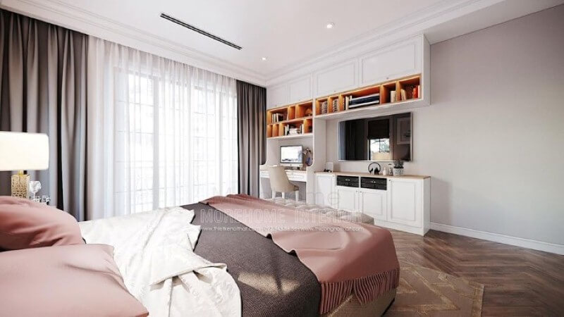 Bàn học liền kệ trang trí, kệ tivi, tủ đựng đồ tạo không gian đẹp, liền mạch, tối giản diện tích nhưng lại đảm bảo công năng hiệu quả cho phòng bé gái. Thiết kế nội thất phòng ngủ biệt thự
