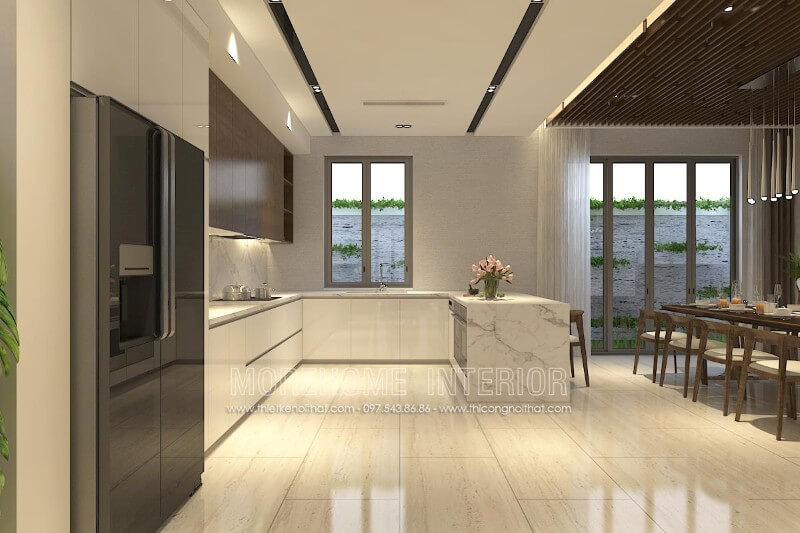 Thiết kế nội thất phòng bếp hiện đại tiện nghi với mẫu tủ bếp gỗ công nghiệp nhiều ngăn, hộc tủ đa dạng tạo nên không gian lữu trữ vật dụng nhà bếp luôn gọn gàng, ngăn nắp Tủ bếp đẹp, sang trọng và đẳng cấp