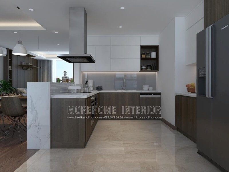Thiết kế nội thất phòng bếp chung cư với đồ nội thất bố trí khoa học tiện dụng