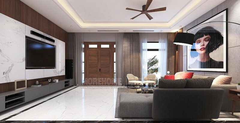 Trang trí nội thất phòng khách hiện đại đẹp, sang trọng từ đá ốp tường vân mây, tranh treo tường nghệ thuật cùng sofa hiện đại cao cấp.