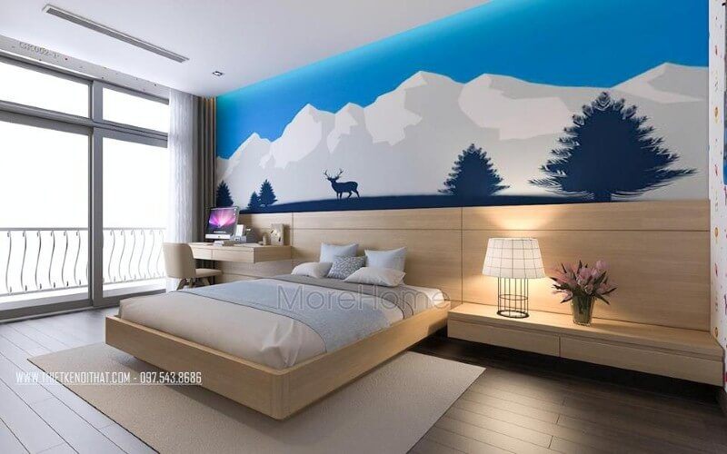Bố trí nội thất phòng ngủ con trai có ban công cùng cửa sổ lớn giúp không gian trở nên thông thoáng, đẹp, độc đáo.