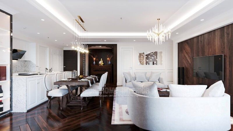 Thiết kế nội thất phòng ăn liền kề phòng khách tại căn hộ cao cấp