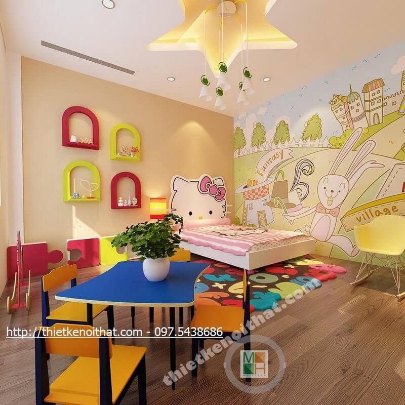 Thiết kế phòng ngủ bé gái dễ thương với nội thất gỗ công nghiệp đẹp hiện đại